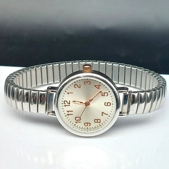 Ladies Silver Analog Watch With Stretch Band & Rose Gold Accents Stainless Steel - Picture 5 of 8